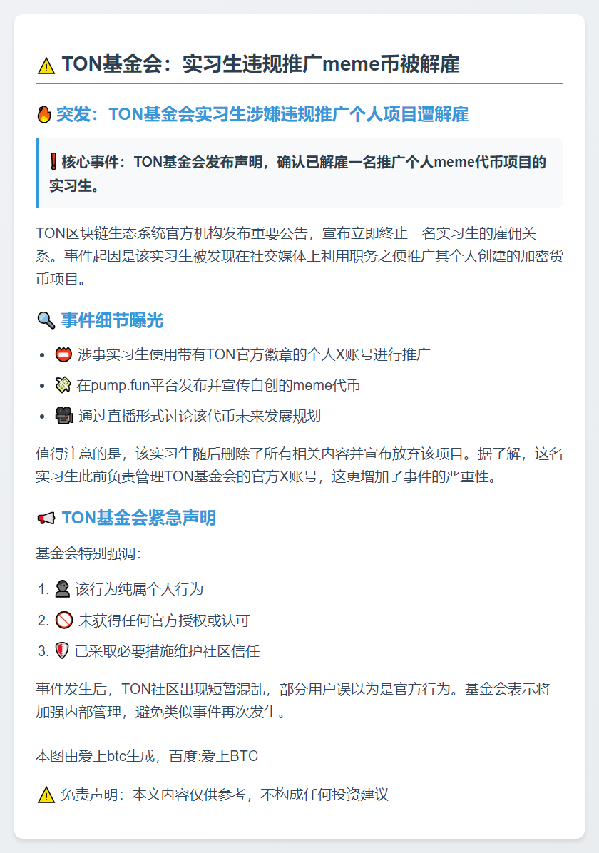 TON基金会：实习生违规推广meme币被解雇
