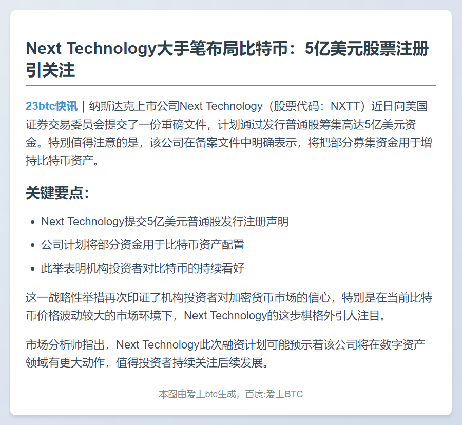 Next Tech注册5亿美元股票，拟增持比特币