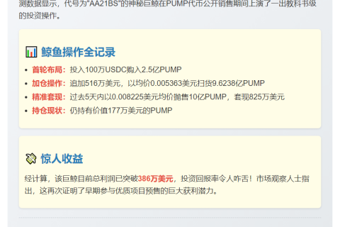 鲸鱼减仓某PUMP，获利超386万美元