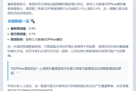 亚特兰大联储预计美Q3 GDP增长3.4%