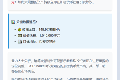 "148.9万枚ENA转入币安 价值104万美元"