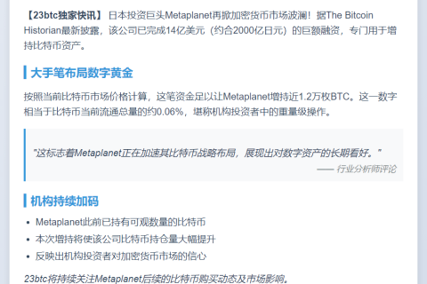Metaplanet融资14亿增持比特币