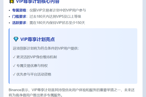 Binance VIP尊享计划：180天VIP5用户可升级