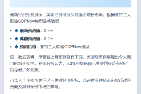 亚特兰大联储预计美三季度GDP增长3.3%