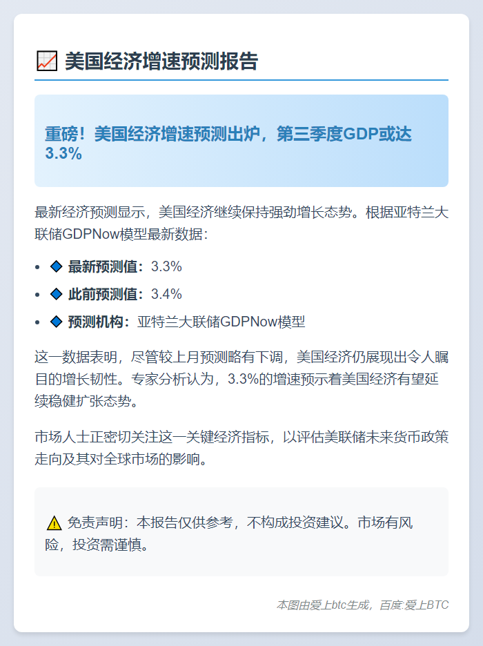 亚特兰大联储预计美三季度GDP增长3.3%