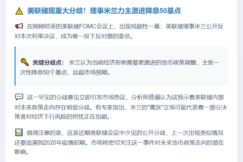 美联储FOMC：米兰反对利率决议 主张降息50基点