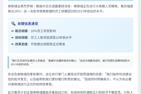 鲍威尔宣布美联储裁员10%