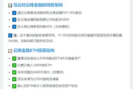 马云持股11.15%云锋金融间投ETH