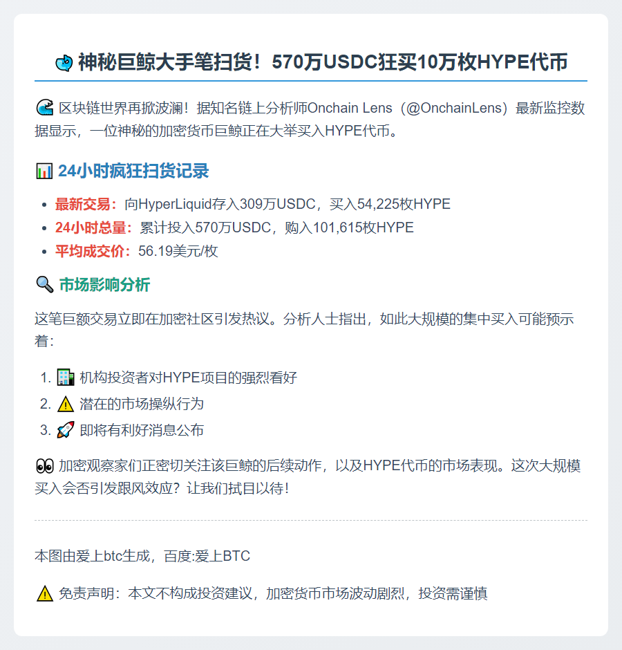 巨鲸豪掷570万USDC狂扫10万HYPE