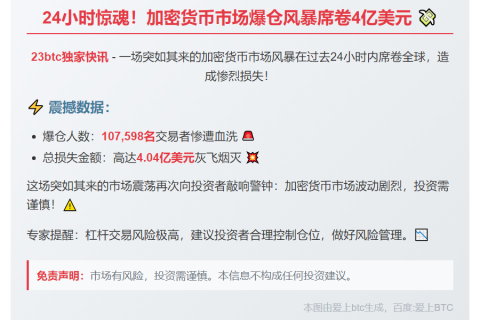 加密货币市场24小时清算超4亿美元