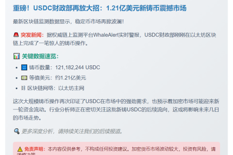 USDC Treasury增发1.21亿枚
