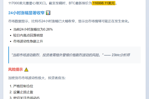 比特币跌破11.7万美元