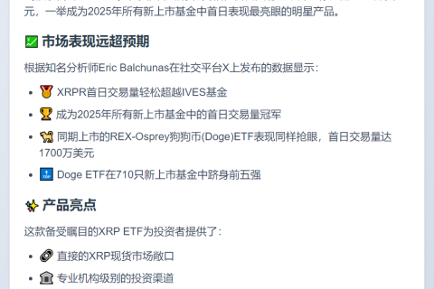 XRP ETF首日交易量破纪录达3770万美元