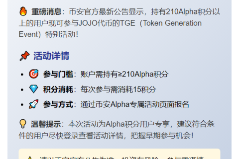 币安JOJO TGE需210Alpha积分