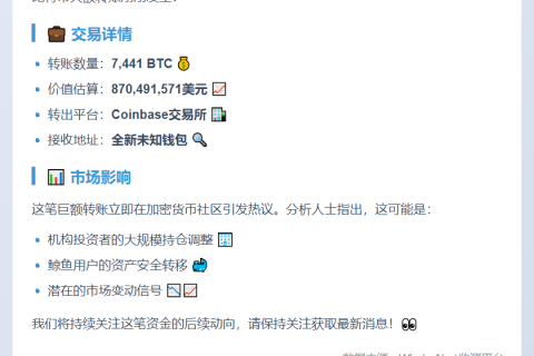 7441枚比特币转出Coinbase至未知钱包
