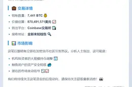 7441枚比特币转出Coinbase至未知钱包