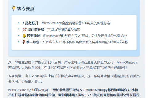 MSTR或进标普500，维持买入评级