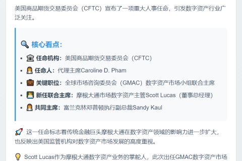 美CFTC任命摩根大通数字资产市场主管Scott Lucas为GMAC数字资产市场小组联合主席