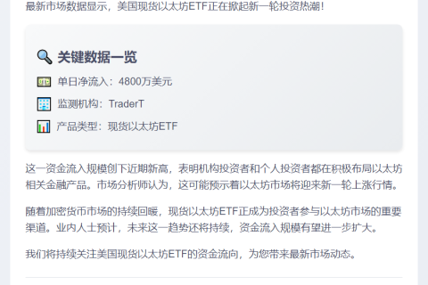 美现货以太坊ETF单日净流入4800万美元