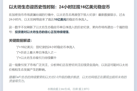 以太坊稳定币24小时净流入16亿美元