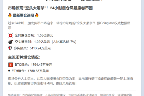 24小时合约爆仓1.53亿 主爆空单