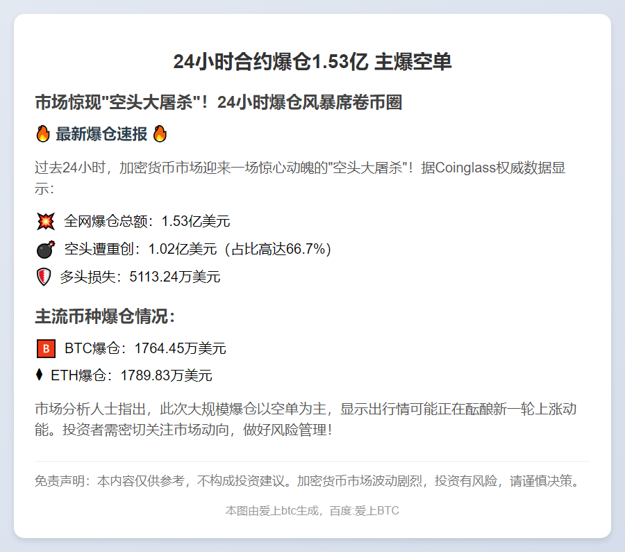 24小时合约爆仓1.53亿 主爆空单