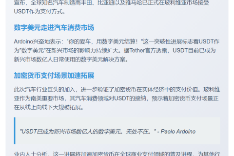 丰田比亚迪雅马哈玻利维亚接受USDT支付