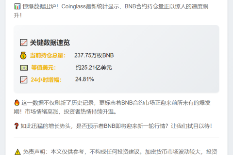 全网BNB合约持仓突破237万枚，日增24.8%