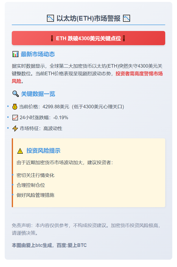 ETH跌破4300美元
