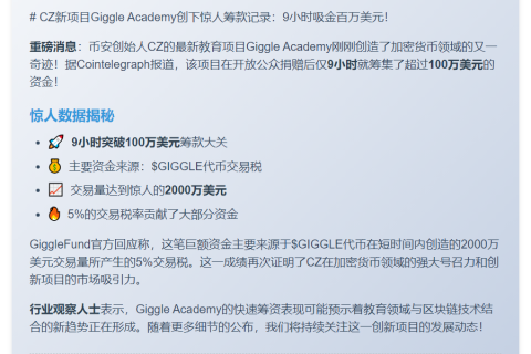 CZ旗下GiggleAcademy9小时募资超百万美元