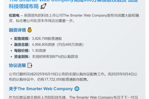 The Smarter Web完成382万股配售