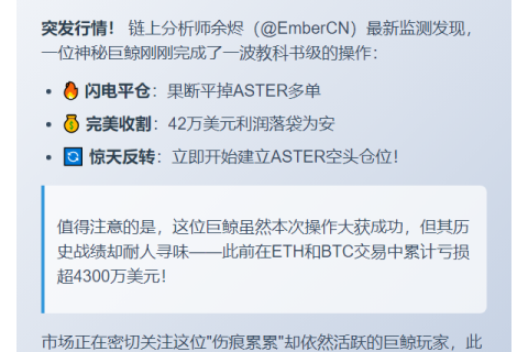 巨鲸平仓ASTER获利42万转空