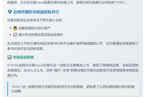 B HODL融资2070万美元推比特币财库