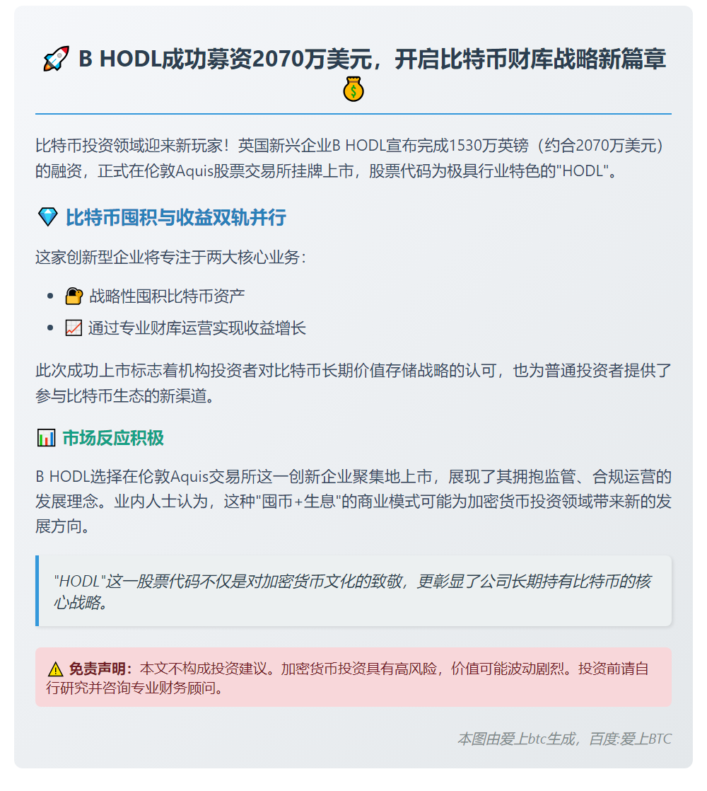 B HODL融资2070万美元推比特币财库