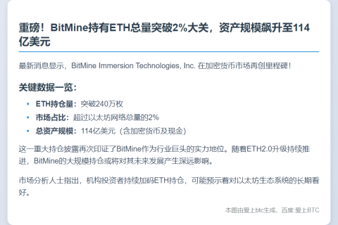 BitMine持2% ETH，资产114亿美元