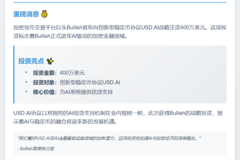 Bullish投资400万美元支持USD.AI稳定币