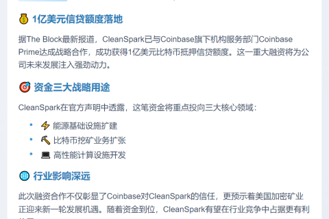 美矿企CleanSpark获Coinbase1亿美元信贷