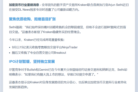 Kraken CEO：暂不IPO，专注收购
