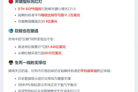比特币短期持有者恐慌抛售，关键支撑位承压