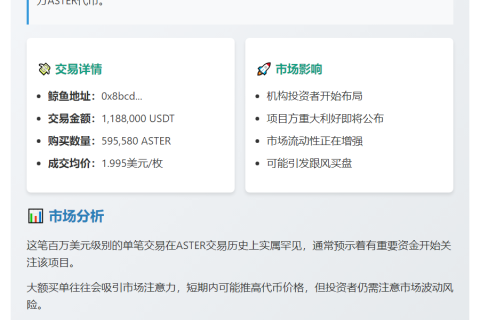 鲸鱼豪掷118.8万USDT购入59.5万ASTER