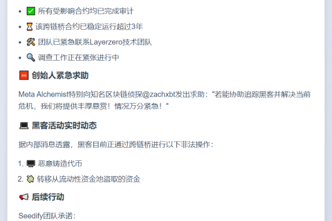 Seedify创始人：SFUND跨链桥遭黑客攻击，调查中