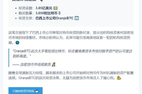 巴西OranjeBTC购入3650枚比特币