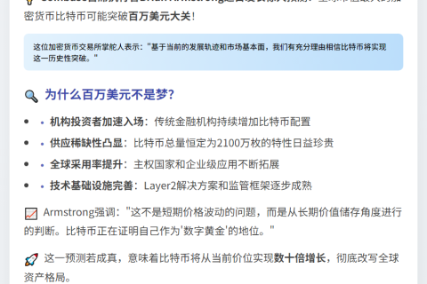 Coinbase CEO：比特币可能在2030年左右达到100万美元