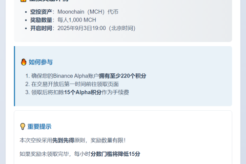 Binance空投：220 Alpha积分可领1000 MCH