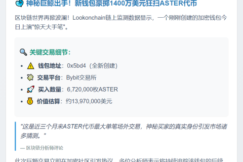 巨额ASTER转账：672万枚转入新钱包