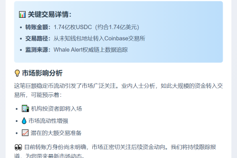 1.74亿枚USDC从未知钱包转移至Coinbase交易所