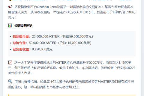 鲸鱼再提2600万枚ASTER，持仓达5000万