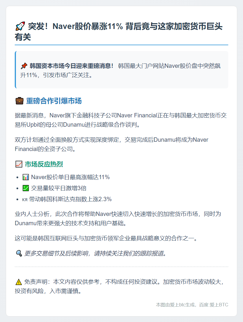 “受与Upbit母公司Dunamu推进全面换股”消息刺激，Naver股价拉升11%
