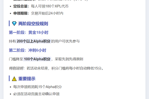币安Alpha：XPL空投需200积分