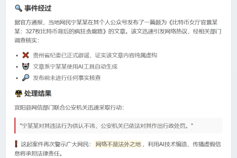 网民AI编造“比特币女厅官”被处罚